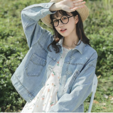 批发韩版复古盘扣宽松休闲设计感舂秋牛仔上衣外套