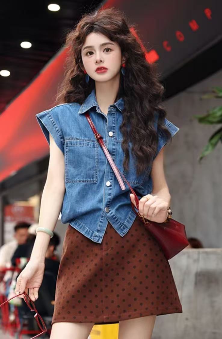 첸 좋은 청소 여름 바다 소금 레트로 데님 셔츠 여자 외출용 디자인 센스 캐주얼 맨위