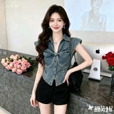批发个性纽扣式复古牛仔背心女2025夏季款荷叶边V领修身短款重工上衣