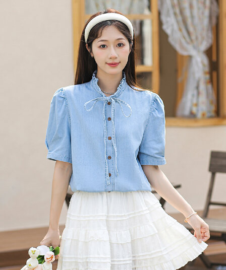 새로운 거품 소매 프랑스식 품격 빛 럭셔리 프릴 동점 로프 스탠드 칼라 디자인 센스 데님 반팔 맨위