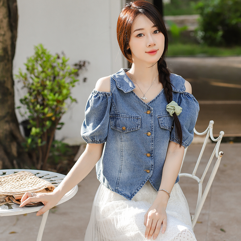 일본과 한국 트렌드 새로운 고급 디자인 부드럽다 프로 피부 가져 가라. 어깨 소매 차가운 쇼트 스타일 데님 맨위