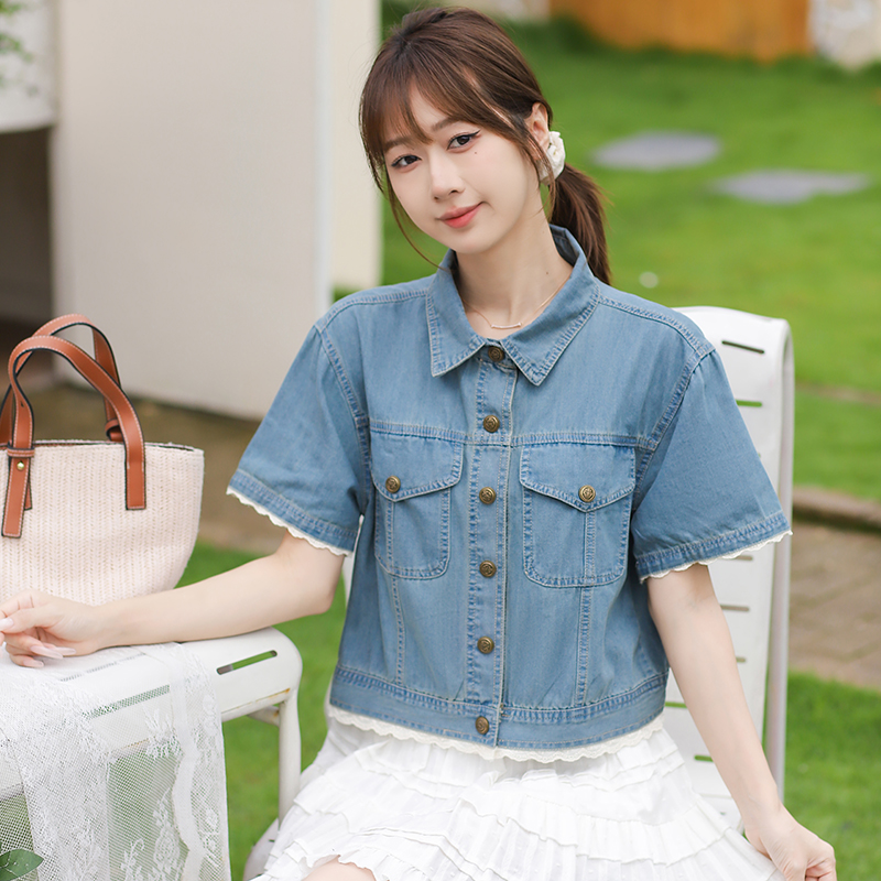 레이스 조각 일본과 한국 트렌드 루즈핏 다용도 패션 연령 감소 데님 반팔 맨위