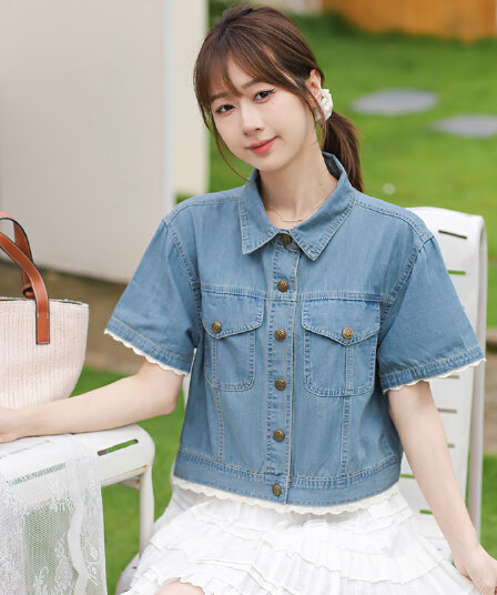 레이스 조각 일본과 한국 트렌드 루즈핏 다용도 패션 연령 감소 데님 반팔 맨위