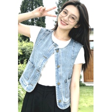 批发<b class='q'>夏</b>季新款宽松圆领独特气质叠穿外搭坎肩马甲蓝色黑蓝两色