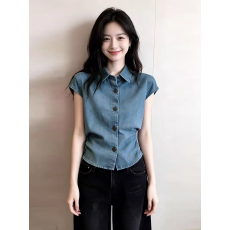 批发精品韩系法式设计感牛仔短袖衬衫女通勤小众气质上衣夏季新款百