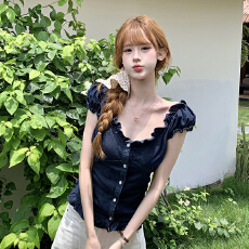批发甜酷辣妹泡泡袖荷叶边收腰显瘦夏季薄款牛仔上衣