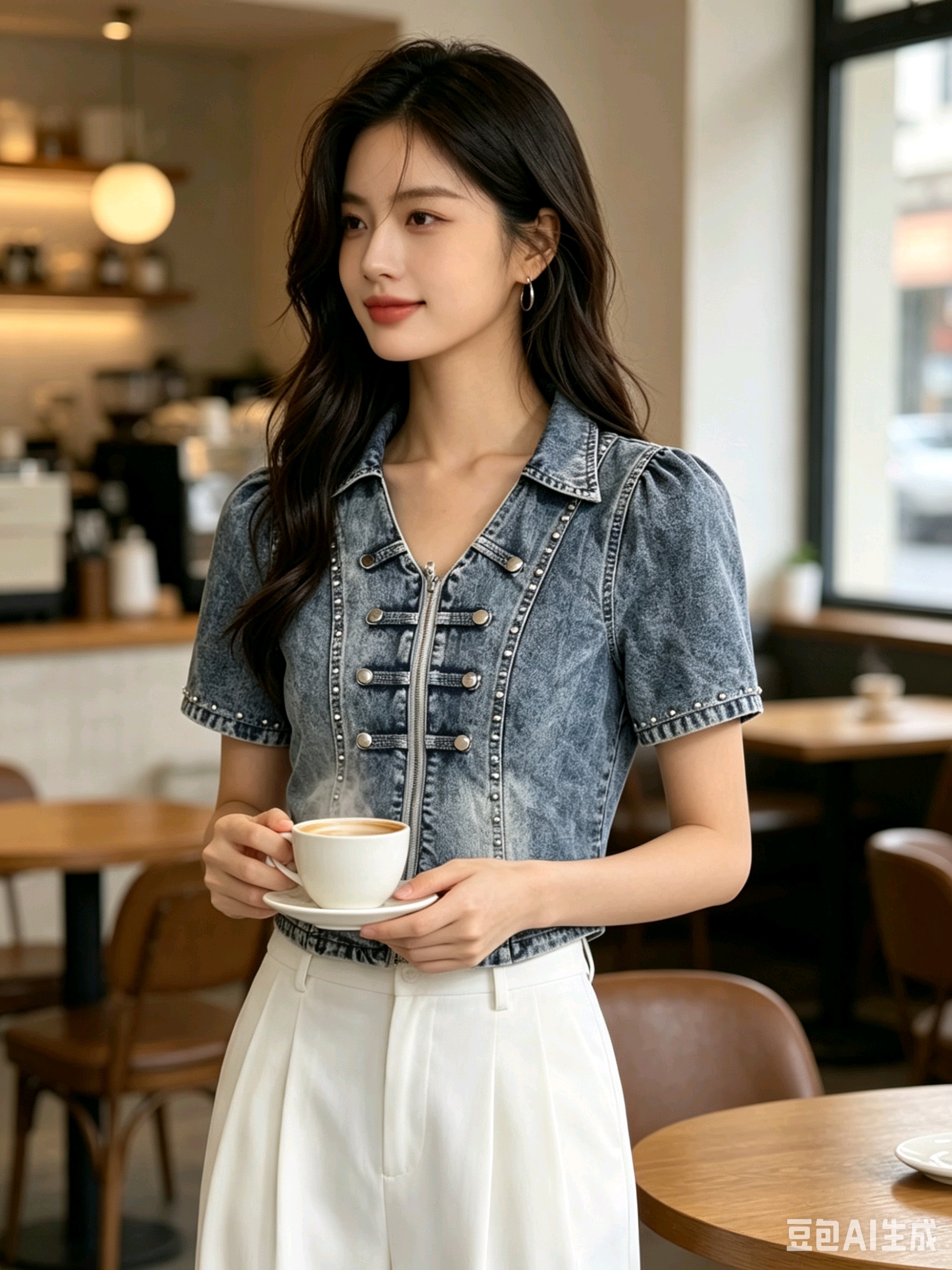 BY26428# 韩版牛仔衬衣外套短袖重工钉珠上衣女  服裝批發女裝批發服飾貨源