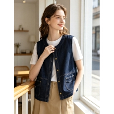 批发法式设计感复古时尚牛仔马甲女<b class='q'>夏</b>季新款园领纽扣百搭开衫背心马夹