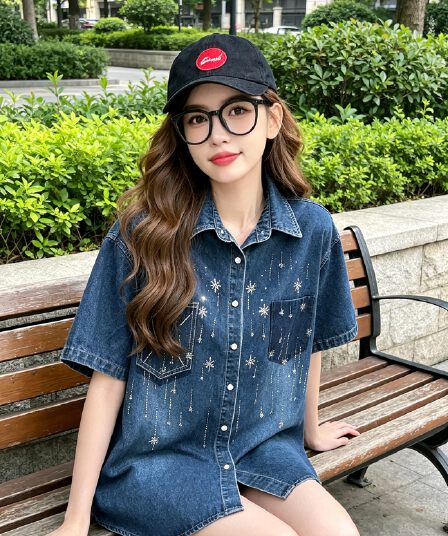 한국 동대문 데님 맨위 반팔 여성 코트 무거운 작업 다이아몬드 세팅 고유 한 패션 트렌드