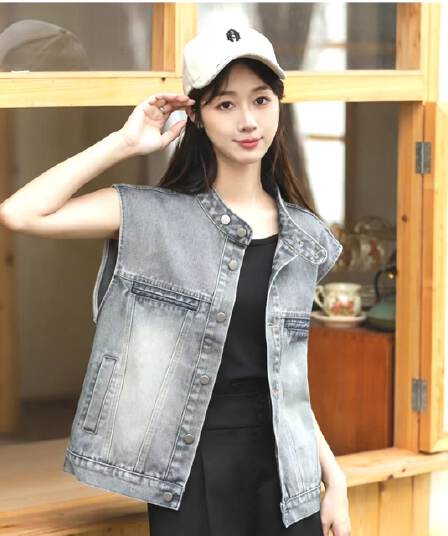 실사 한 부서 트렌디 바람 루즈핏 슬림해 보이는 부드럽다 프로 피부 스택 착용 외부 가져 가라. 데님 맨위 재킷 조끼 여자