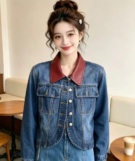 2026 새로운 프랑스식 가죽 고리 패치워크 레트로 연령 감소 데님 맨위 재킷 재킷 패션 트렌디