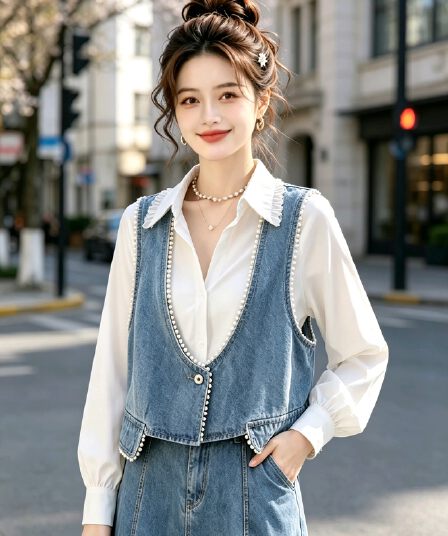殴打 물품 센 부서 신제품 진주 측면 V넥 패션 외국 가스 쇼트 스타일 데님 조끼 베스트