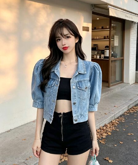 한국 chic 작은 키 품격 부드러운 프로필 모양 루즈핏 데님 반팔 작은 외투
