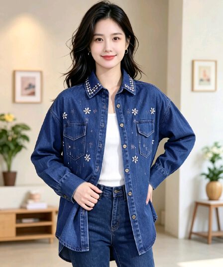 한국 동대문 무거운 작업 다이아몬드 세팅 레트로 데님 셔츠 재킷 부티크 대외 무역