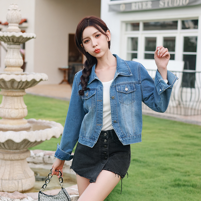 RY8295# 秋冬新款韩版休闲复古时尚百搭宽松短款牛仔长袖外套女