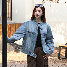 批发高品质韩版立领拉链装饰复古时尚百搭宽松显瘦牛仔外套女