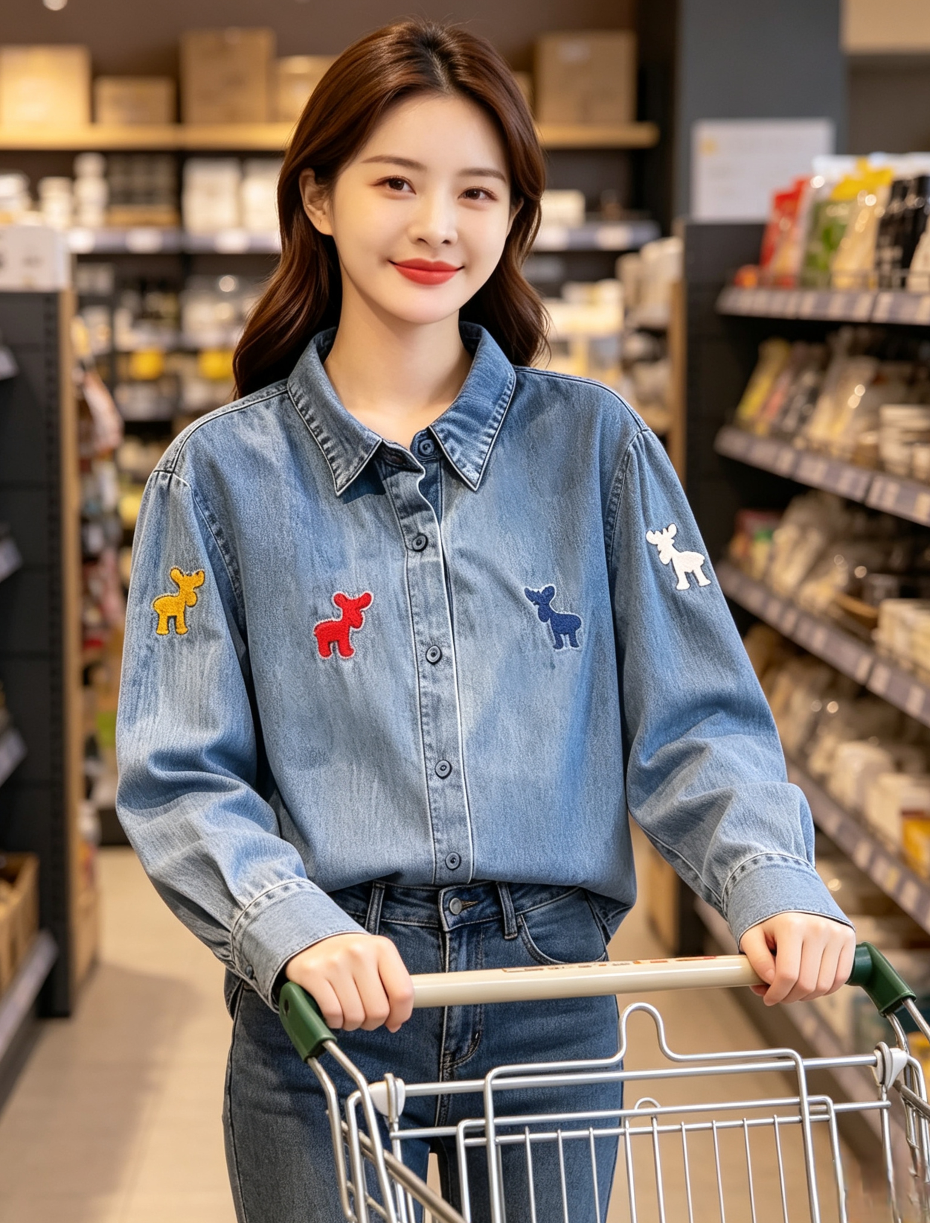 BY33598# 新款刺绣叠穿设计感小众宽松百搭复古港味牛仔长袖衬衣女  服裝批發女裝批發服飾貨源