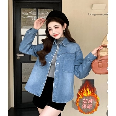 批发韩版秋冬加绒加厚设计感高品质时尚休闲显瘦牛仔衬<b class='q'>衣外套</b>