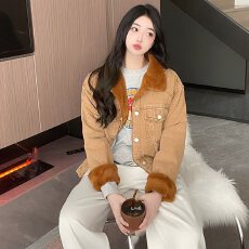 批发韩版彩色复古兔毛加厚保暖简约宽松百搭开袋牛仔棉衣