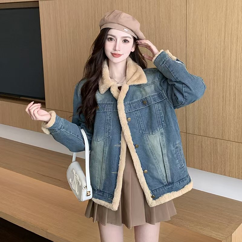 RY8831# 韩版BF风蓝色复古兔毛加厚保暖简约宽松百搭开袋大版牛仔棉衣