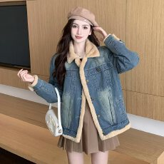 批发韩版BF风蓝色复古兔毛加厚保暖简约宽松百搭开袋大版牛仔棉衣