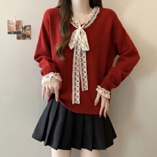 批发实拍2025秋冬新款大码胖MM甜美蝴蝶结蕾丝V领显瘦套头衫/红色毛衣