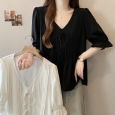 批发大码26春夏新款法式V领系带泡泡袖<b class='q'>雪纺衫</b>/褶皱肌理感宽松显瘦上衣