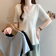 批发大码女装26夏季新款V领收腰针织短袖T胖MM显瘦遮肉荷叶边冰丝上衣