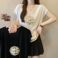 批发大码女装26春夏新款V领盘扣针织短袖胖MM新中式显瘦/遮肉冰丝上衣