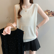 批发胖MM26春<b class='q'>夏</b>新款满天星镶钻无袖背心大码女装宽松显瘦坑条针织上衣