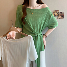 批发26夏季新款大码一字肩绑带收腰<b class='q'>针织衫</b>胖MM遮肉显瘦<b class='q'>不规则</b>短袖上衣