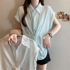 批发2026夏季新款大码蕾丝翻领扭结收腰衬衫胖MM遮肉显瘦宽松雪纺上衣