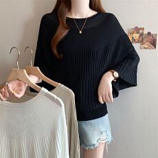 批发2026夏季新款韩系大码冰丝<b class='q'>针织</b>衫胖MM遮肉显瘦蝙蝠袖坑条宽松上衣