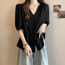 批发26夏季新款大码女装胖MM法式V领泡泡袖<b class='q'>衬衫</b>/收腰遮肚显瘦雪纺上衣