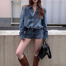 批发复古港风套装长袖翻领蓝色<b class='q'>牛仔</b>外套女早秋<b class='q'>高腰</b>直筒<b class='q'>短裤</b>气质两件套