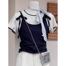 批发藏蓝色假两件蝴蝶结短袖<b class='q'>T</b><b class='q'>恤</b>女夏2026新款设计感小众独特漂亮上衣