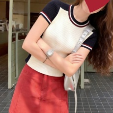 批发实拍冰丝针织衫2026短袖女夏季新款圆领短款拼色薄款上衣打底衫