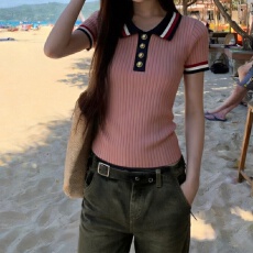 批发实拍冰丝针织衫2026短袖女夏季新款polo领纽扣条纹薄款上衣打底衫