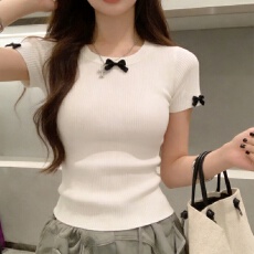 实拍冰丝针织衫2026短袖女夏季新款圆领蝴蝶薄款上衣打底衫