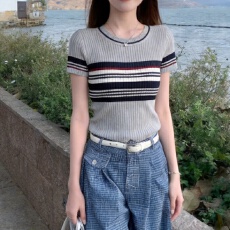 批发实拍冰丝针织衫2026短袖女夏季新款圆领条纹半袖薄款上衣打底衫