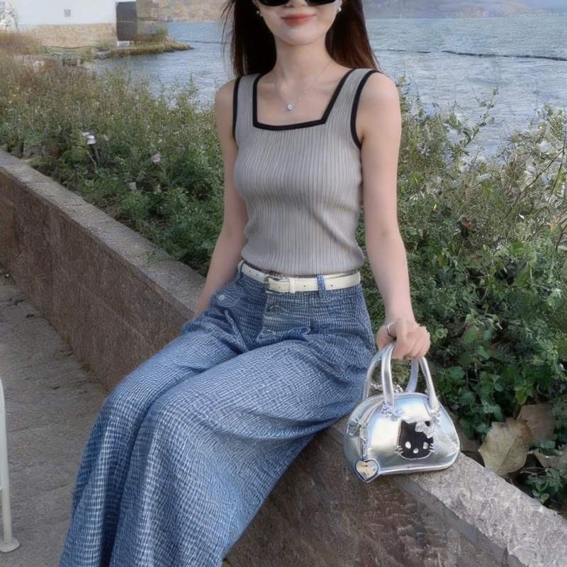 RY1976# 实拍冰丝针织衫2026短袖女夏季新款方领背心半袖薄款上衣打底衫