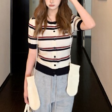 批发实拍冰丝<b class='q'>针织</b>衫2026短袖女夏季新款圆领<b class='q'>条纹</b><b class='q'>开衫</b>上衣打底衫