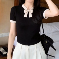 批发实拍冰丝针织衫2026短袖女夏季新款显瘦圆领蝴蝶结薄款<b class='q'>上衣</b><b class='q'>打底</b>衫