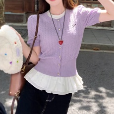 批发实拍冰丝针织衫2026短袖女夏季新款圆领<b class='q'>开衫</b>拼色<b class='q'>薄</b>款上衣打底衫