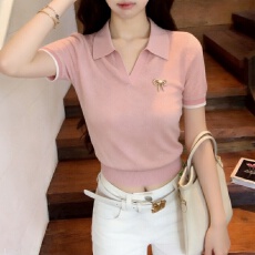 批发实拍冰丝<b class='q'>针织衫</b>2026短袖女夏季新款翻领薄款上衣<b class='q'>打底衫</b>