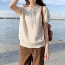 批发实拍冰丝针织衫2026短袖女夏季新款显瘦圆领披肩<b class='q'>条纹</b>上衣<b class='q'>打底衫</b>