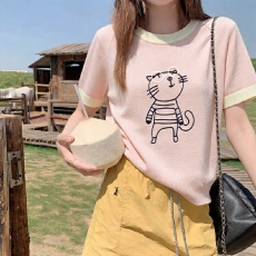 批发实拍冰丝<b class='q'>针织</b>衫2026短袖女夏季新款圆领猫咪印花薄款上衣打底衫