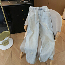 批发实拍夏浅蓝色闪亮重工烫钻高腰直筒显瘦休闲窄版阔腿薄牛仔长裤女
