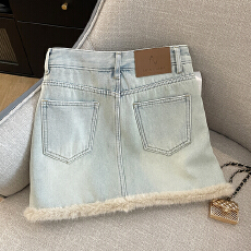 批发实拍<b class='q'>冬</b>季复合加绒拼水貂毛防走光高腰A字显瘦气质牛仔半身裙短裙