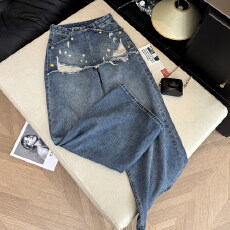 批发实拍韩版裙裤毛边破洞高腰直筒宽松显瘦阔腿牛仔长裤子女<b class='q'>拖地</b>裤潮